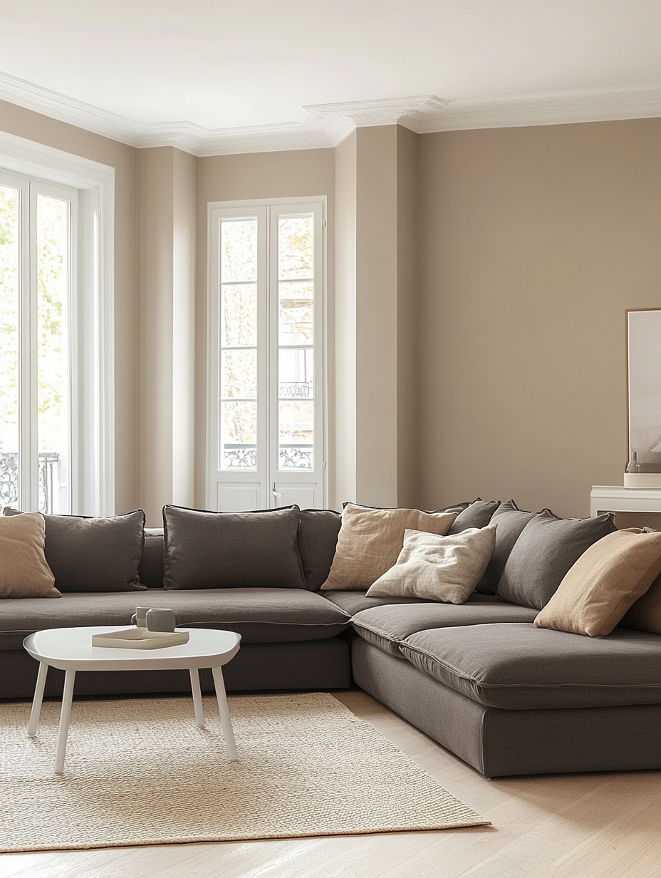 Cozy Scandinavian living room with grey sofa and table