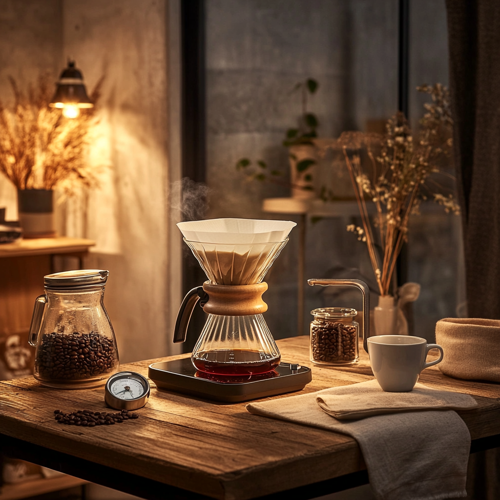 Cozy V60 coffee setup on wooden table