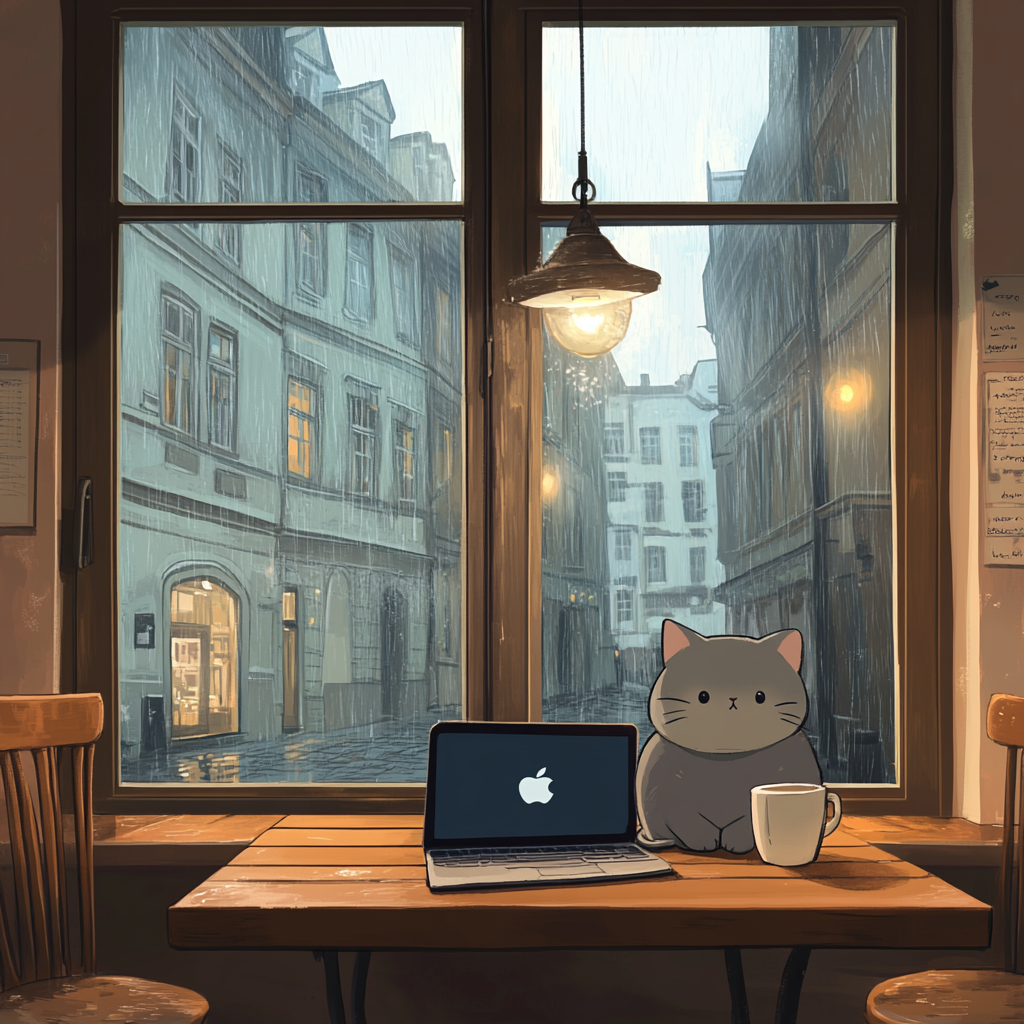 Cozy Vienna café with Ghibli atmosphere, rainy day view.