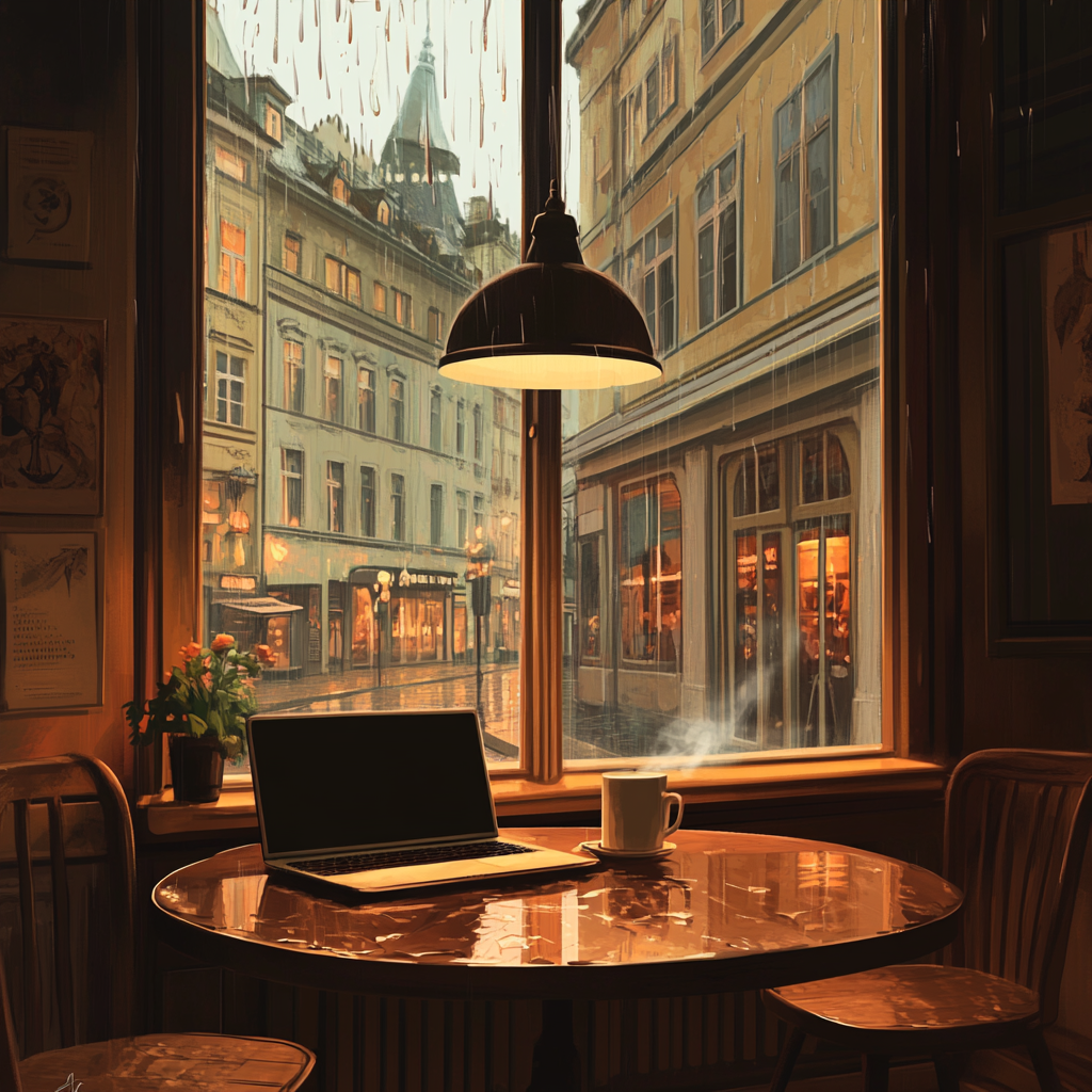 Cozy Viennese café in Ghibli animation style, warm lighting