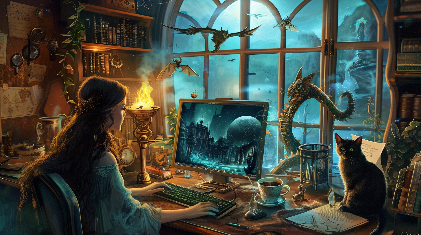 Fantasy Writer in Cozy Witch Laboratory with Magical Atmosphere