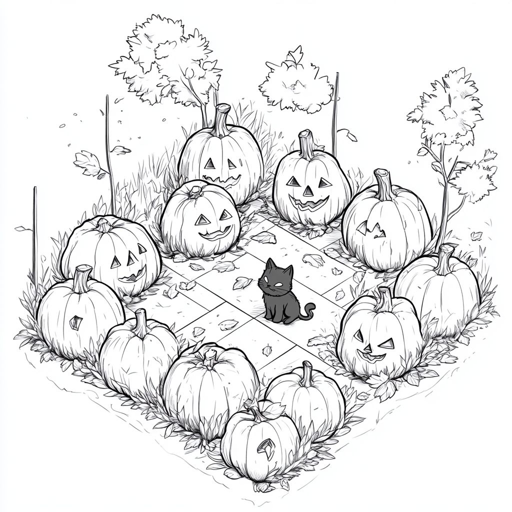 Cozy and cute pumpkin patch with jack-o'-lanterns.