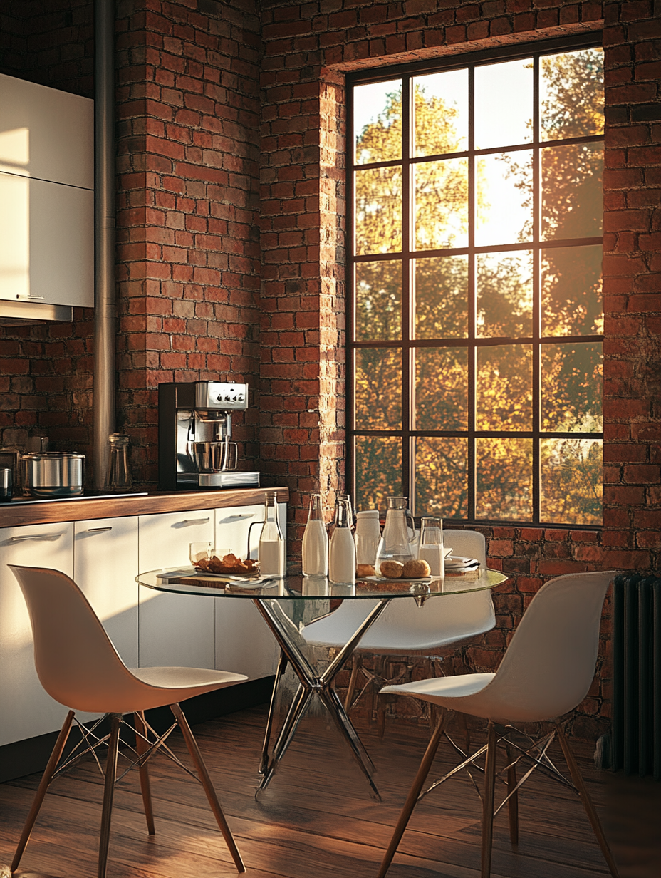 Cozy apartment kitchen with wooden floor and glass table