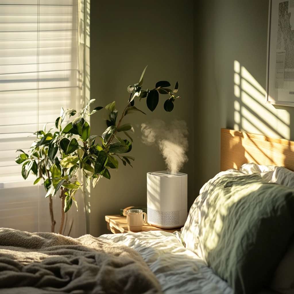 Cozy bedroom with air purifier and plant