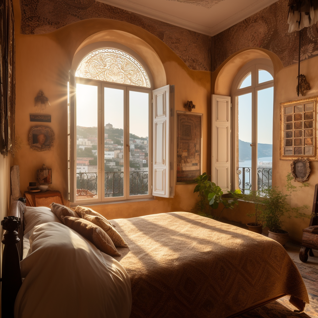 Cozy bedroom with coastal city view in Mediterranean light.