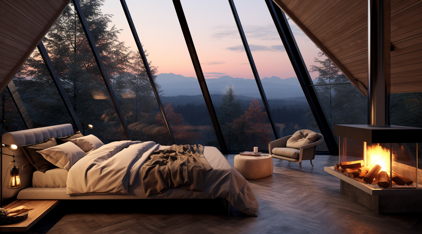 Cozy bedroom with fireplace, large windows, mountains view.