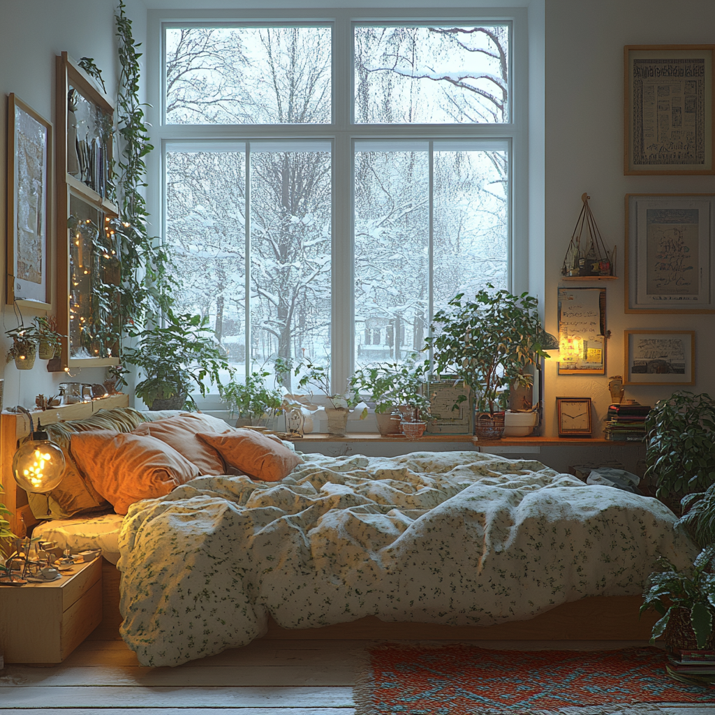 Cozy bedroom with messy bed and snowy view