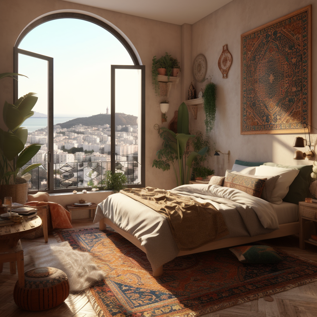 Cozy bedroom with panoramic view of Mediterranean city