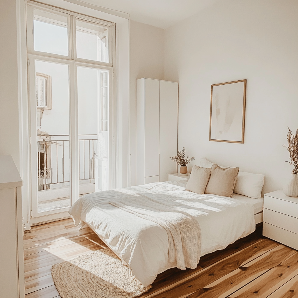 Cozy bedroom with white walls, wooden floor, natural light