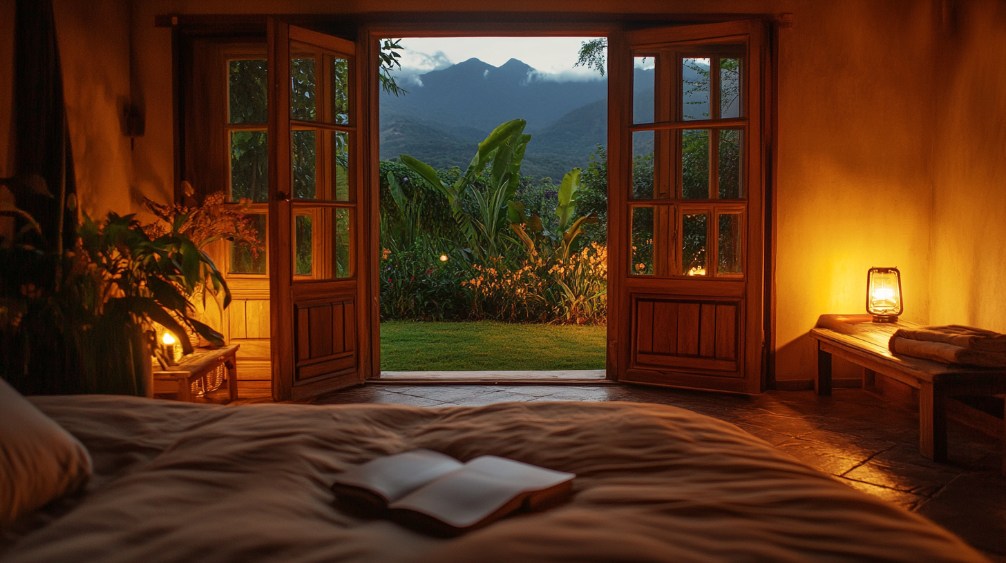 Cozy bedroom with wooden bed and warm lamps outside night.