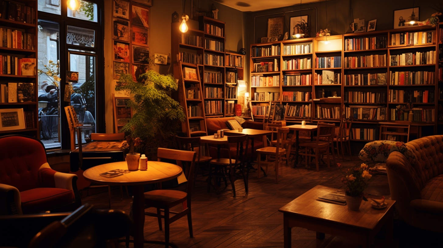 Cozy bookstore café with jazz music ambiance.