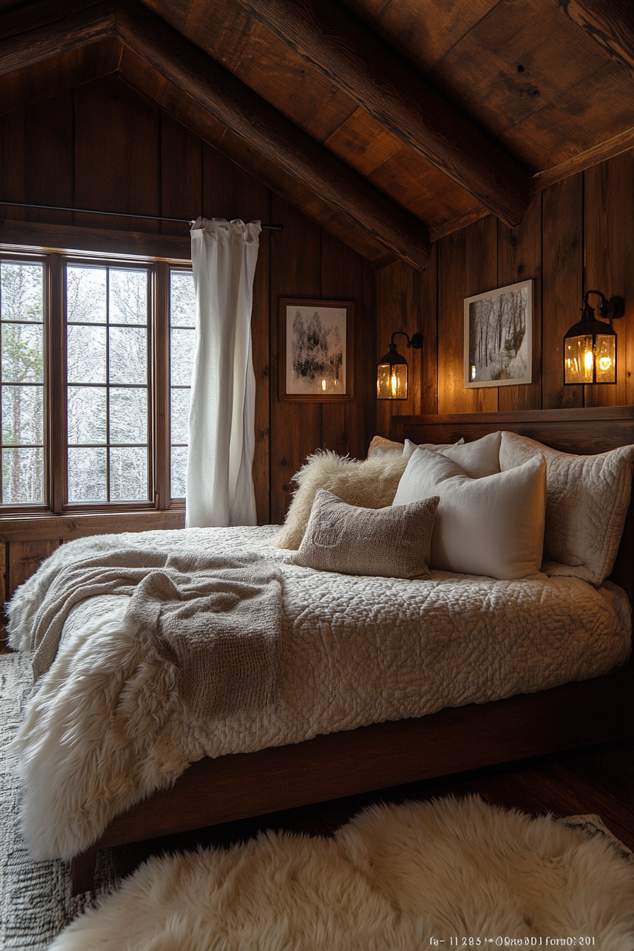 Cozy cabin bedroom with luxury bed and woodland decor.