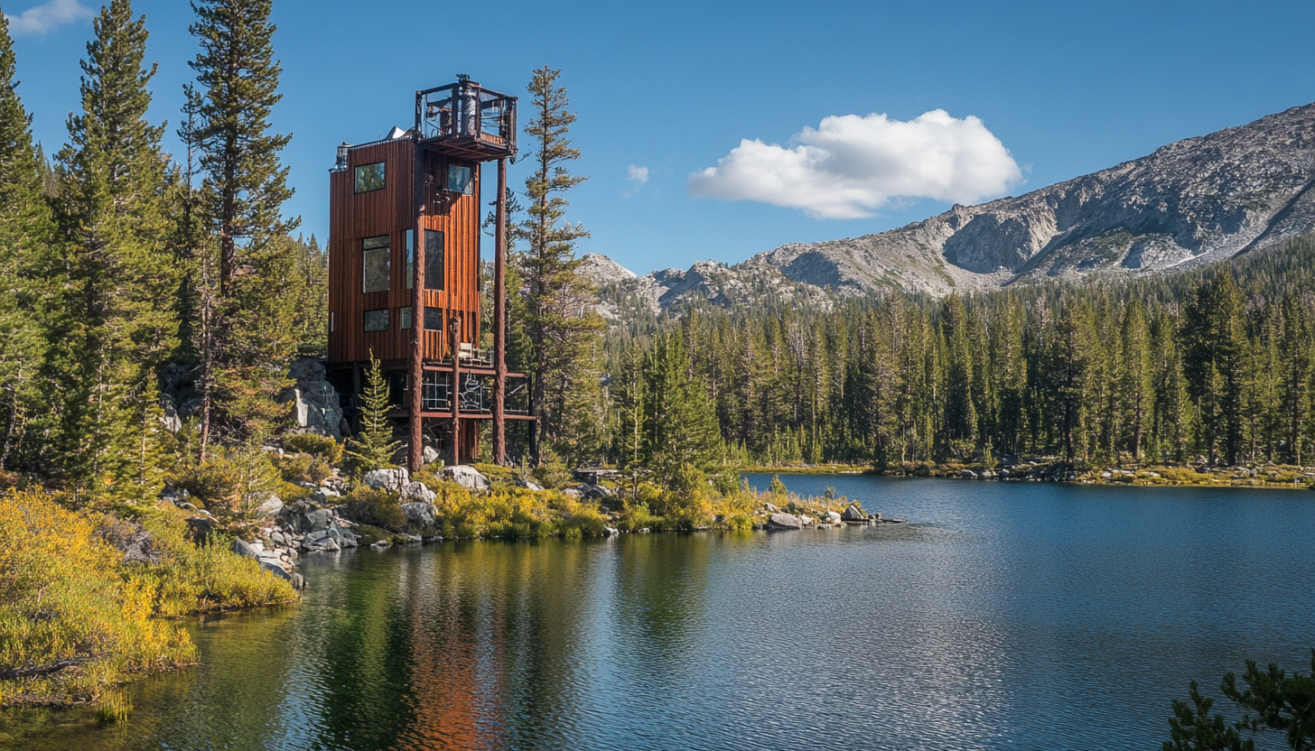 Cozy cabin on alpine lake with science equipment.