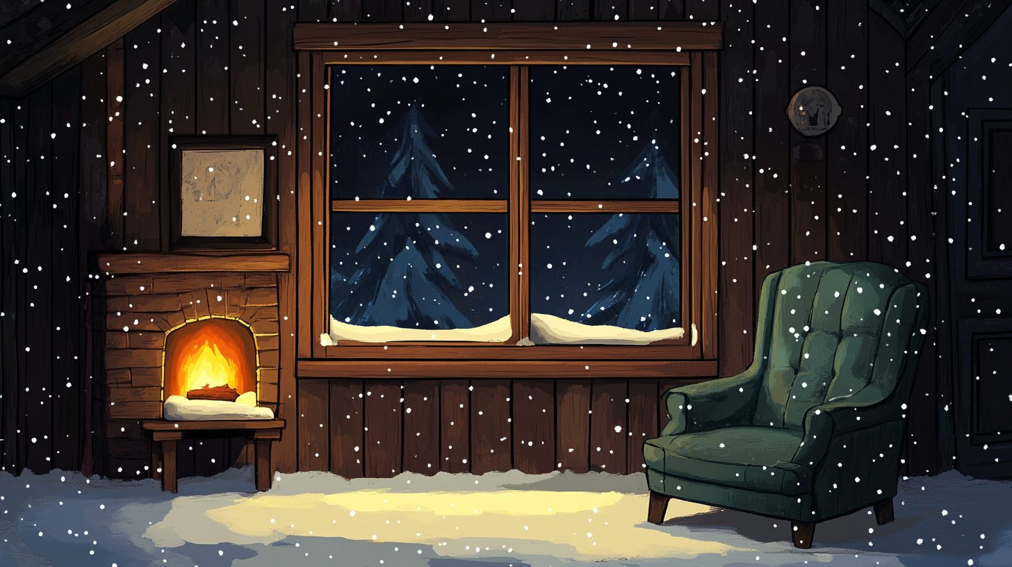 Cozy cabin with armchair by firelight and snow