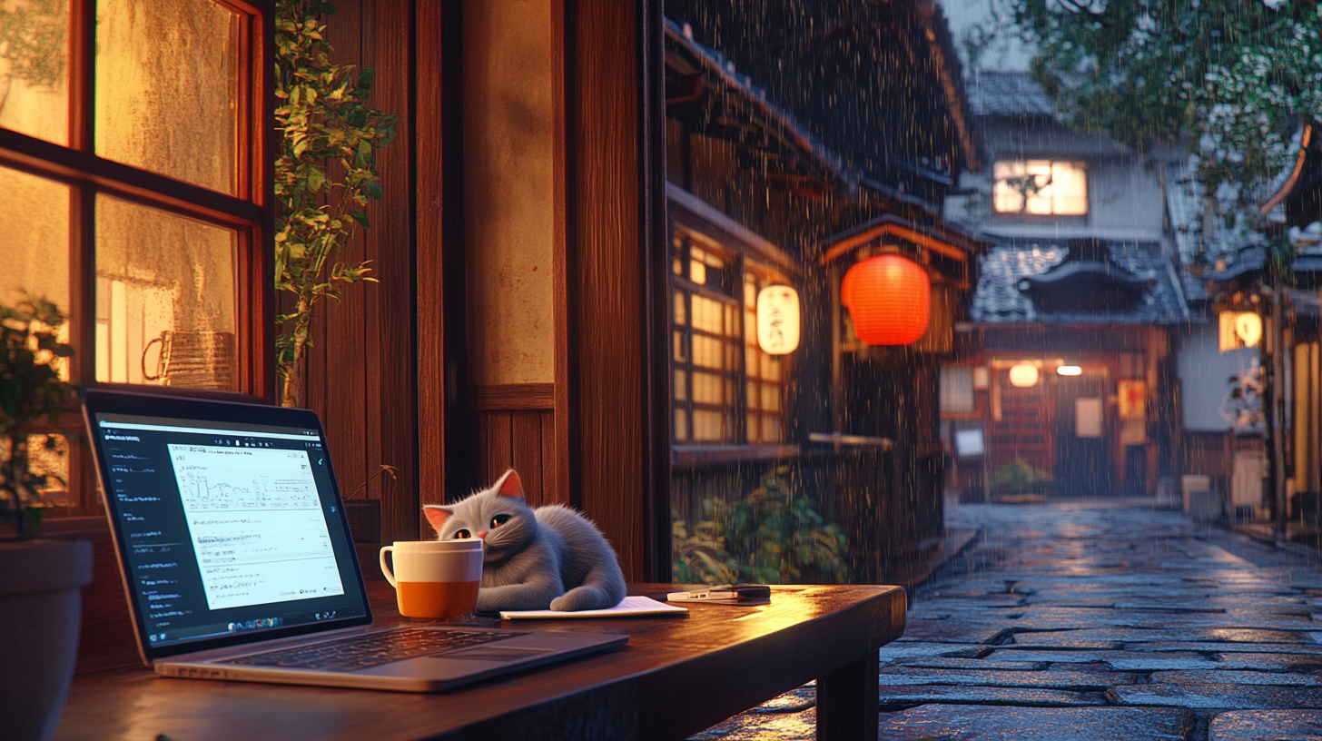 Cozy café in Kyoto with Munchkin cat and laptop.