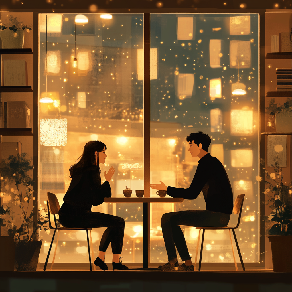 Cozy café setting with two people in conversation.