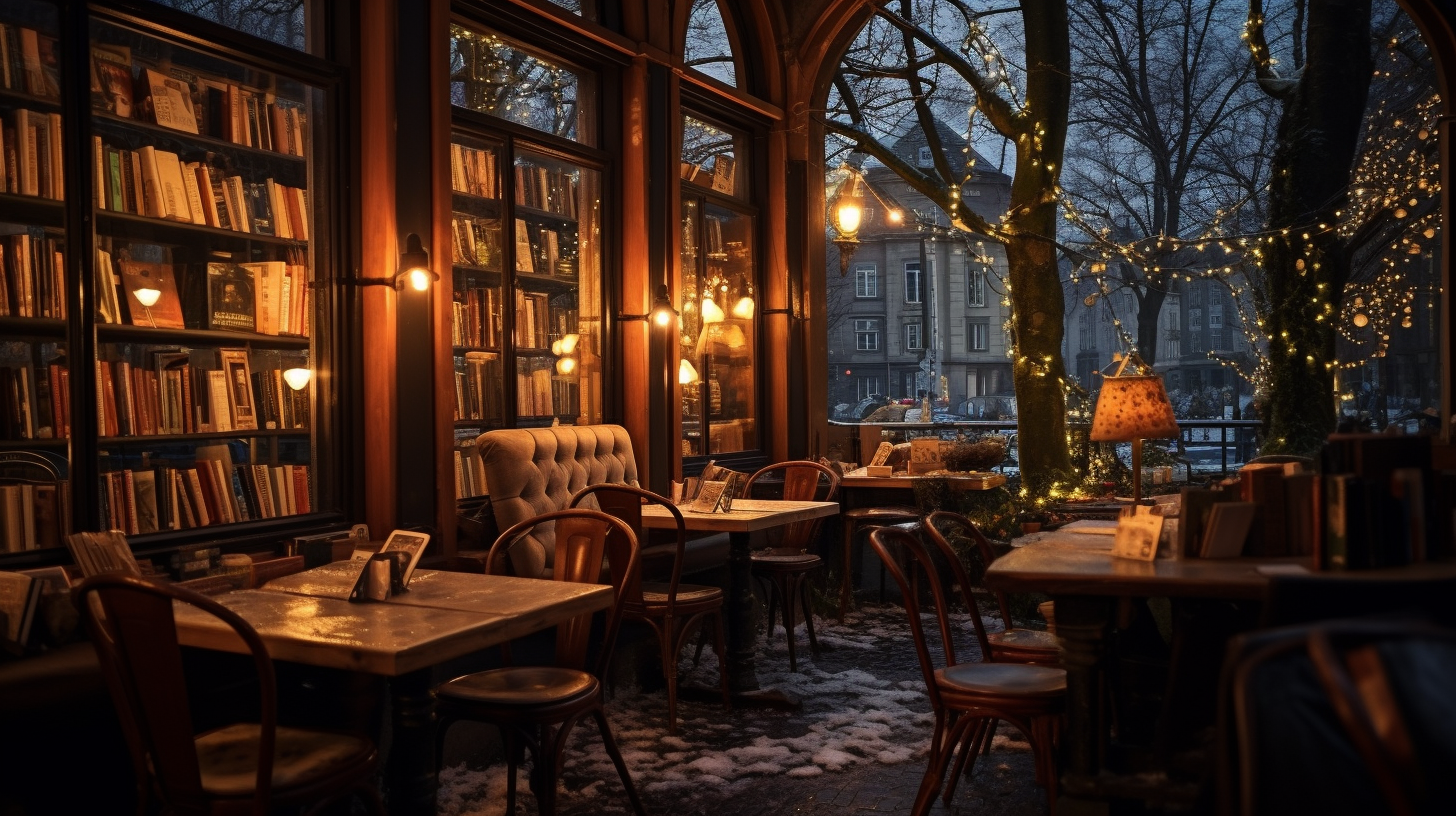 Cozy café with books, candles, snow, twinkling lights.