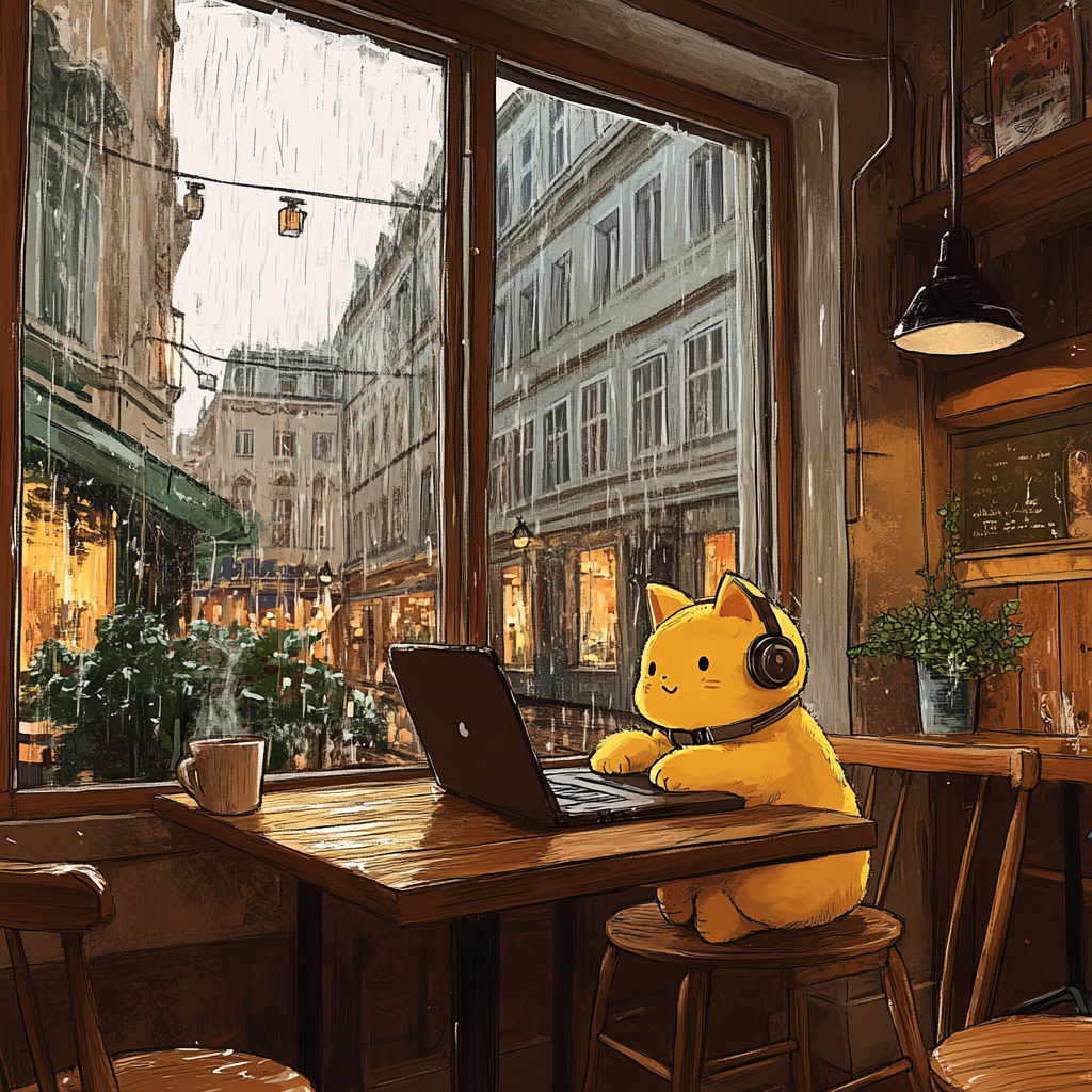 Cozy café with chubby cat, rainy Vienna streets.