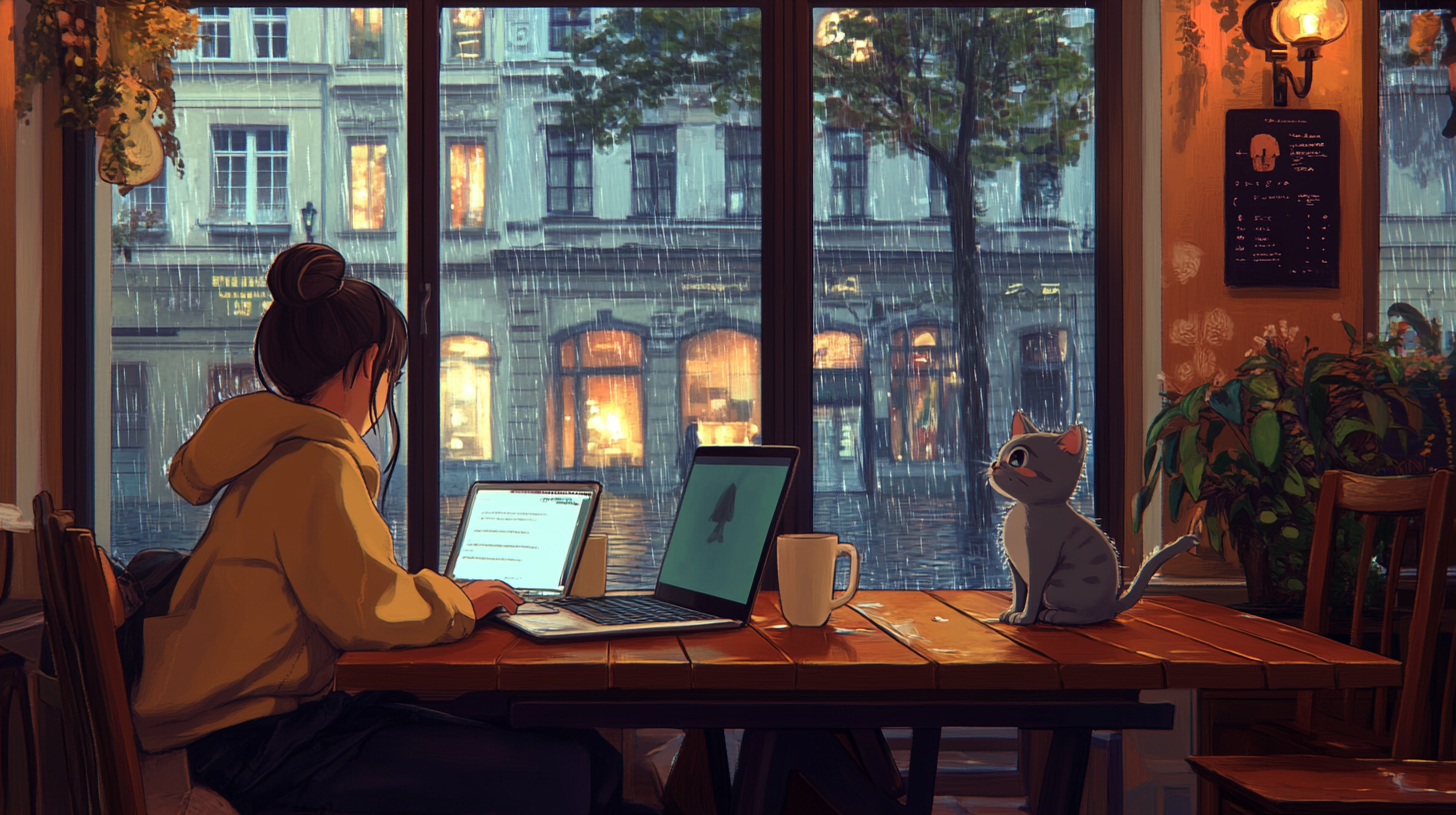 Cozy café with rainy day view, cute cat companion.