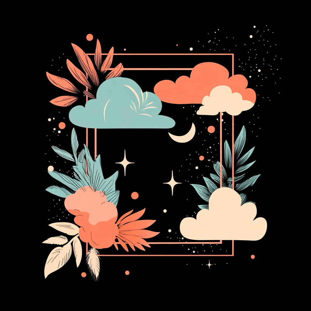 Cozy cartoon design with warm tones, abstract clouds and plants.