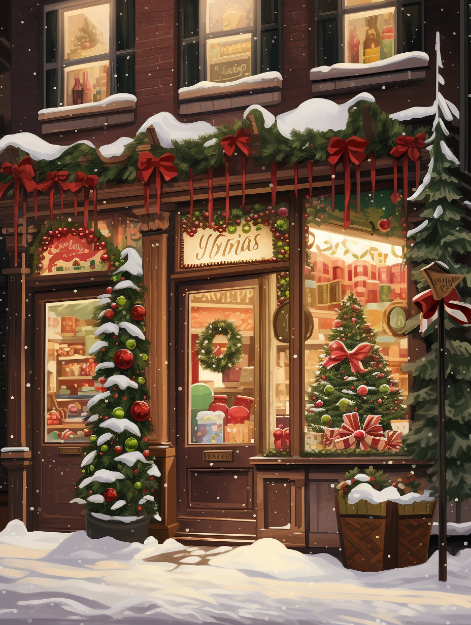 Cozy chocolate shop with snowy Christmas decor.