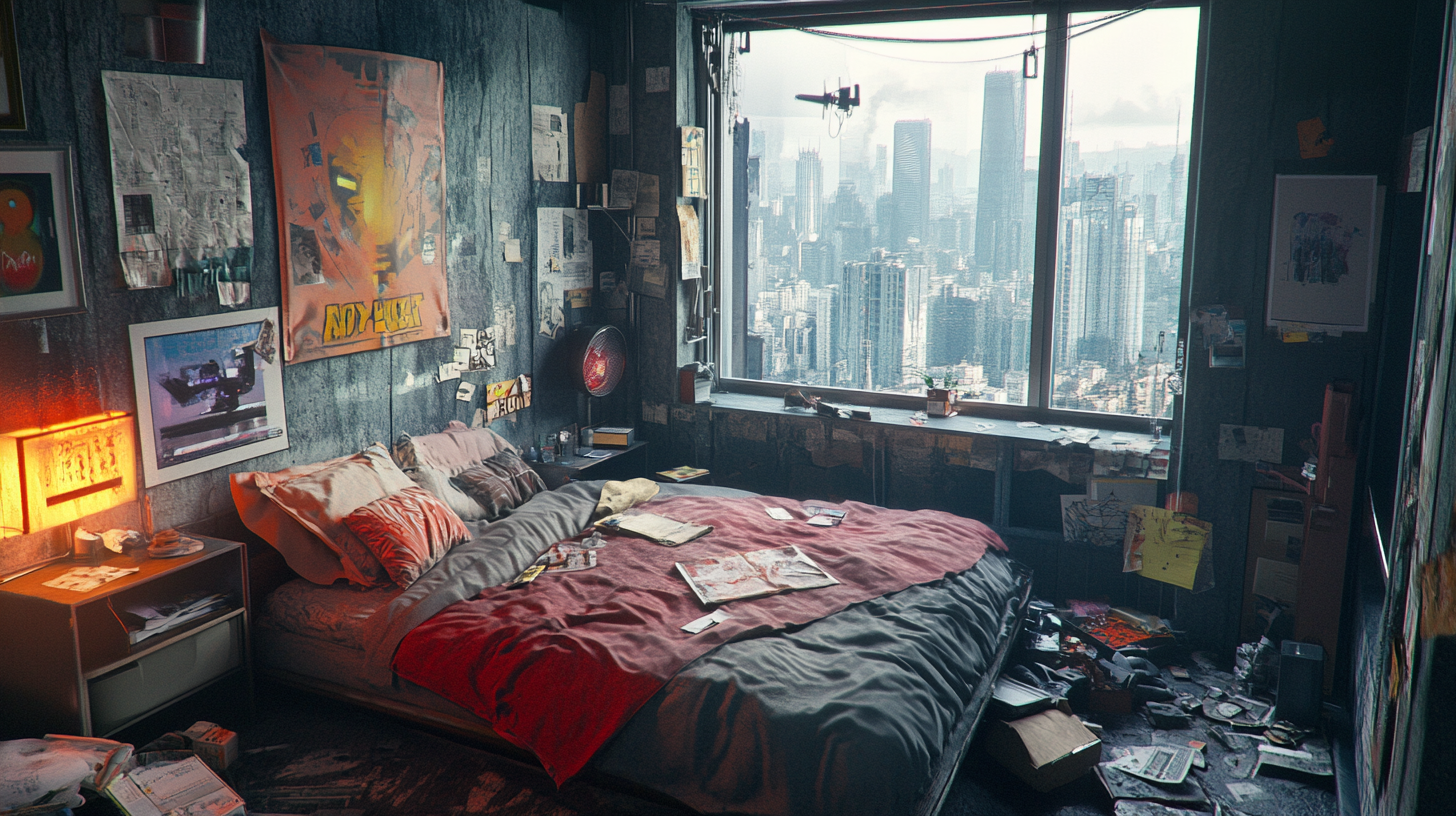 Cozy compact bedroom with cyberpunk city view outside window.