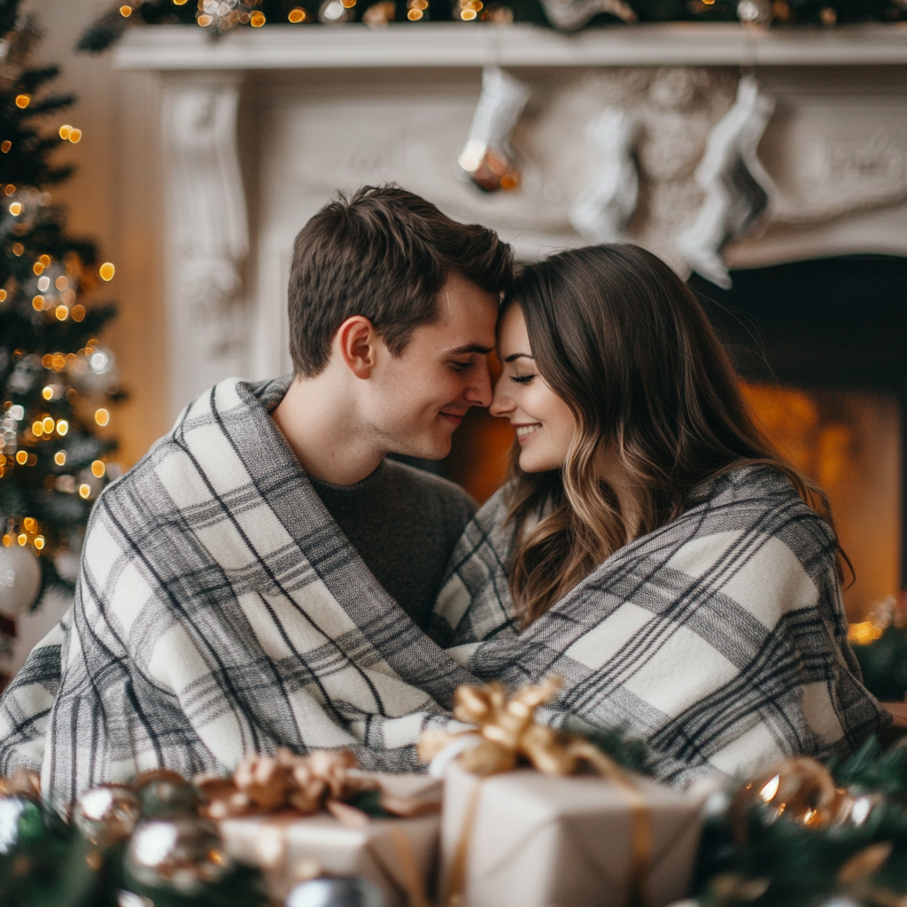 Cozy couple wrapped in plaid blanket by fireplace at Christmas