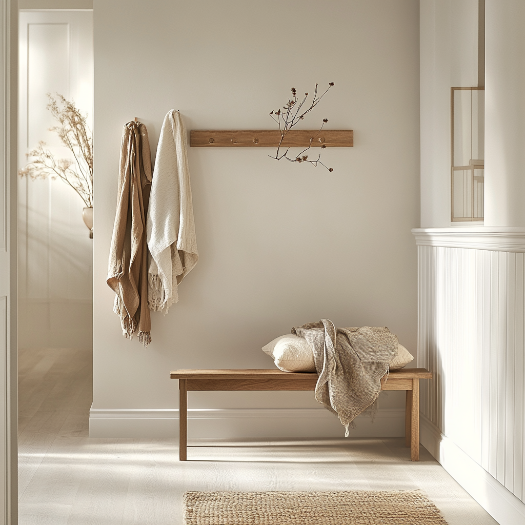 Cozy entryway with white wall, coat rack, scarf.