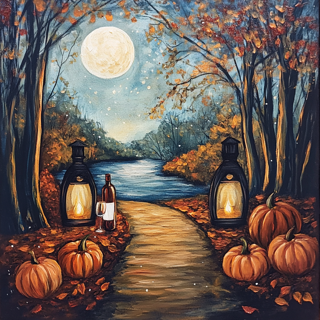 Cozy fall painting in woods with lanterns, pumpkins.