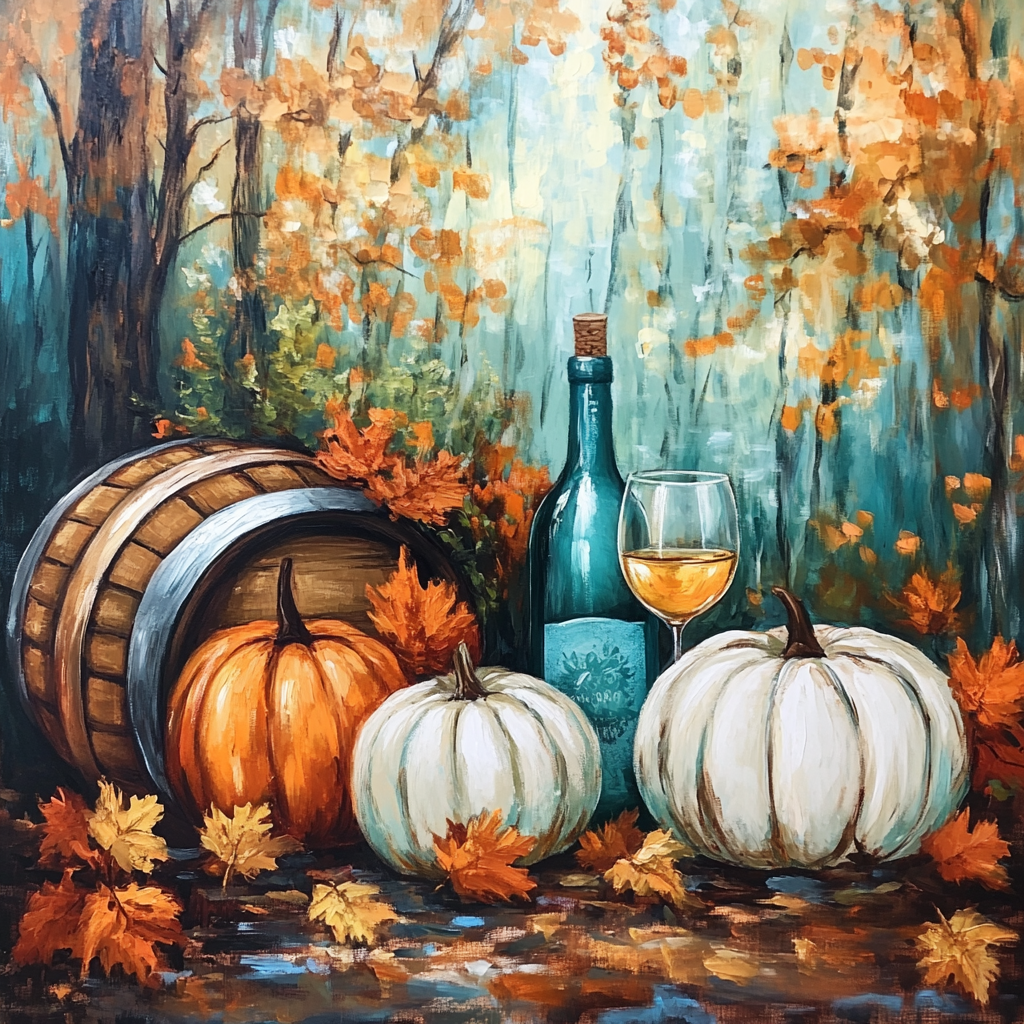 Cozy fall painting with pumpkins, wine, forest setting.