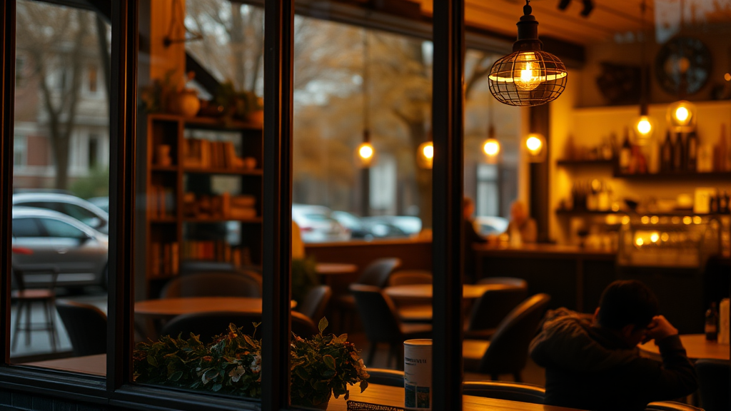 Cozy fall view outside coffee shop window.