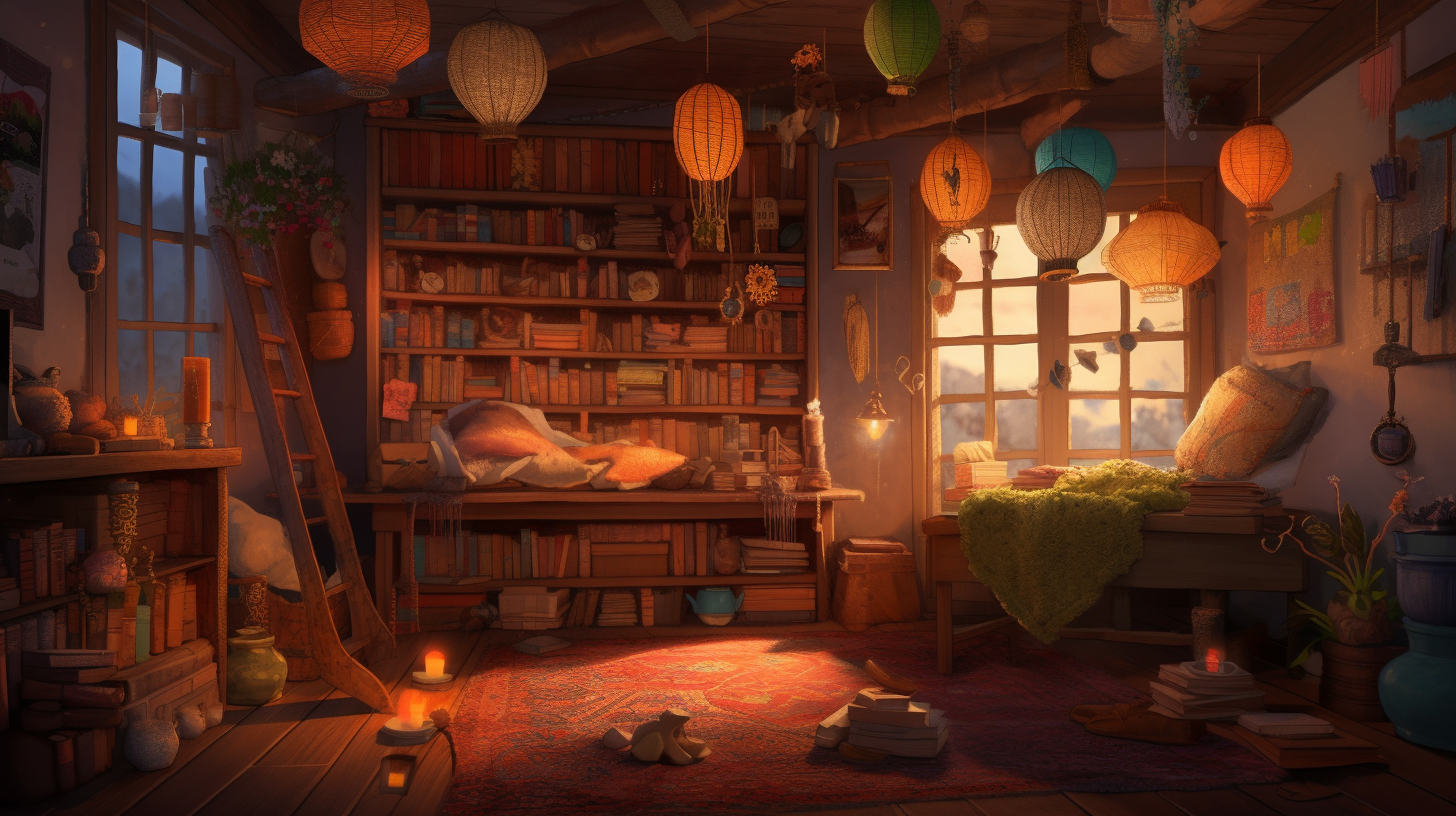 Cozy fantasy studio with whimsical art supplies