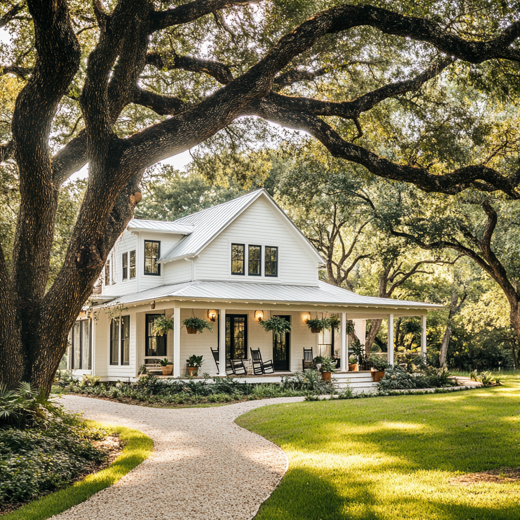 Cozy farmhouse with metal roof, tall windows, porch.