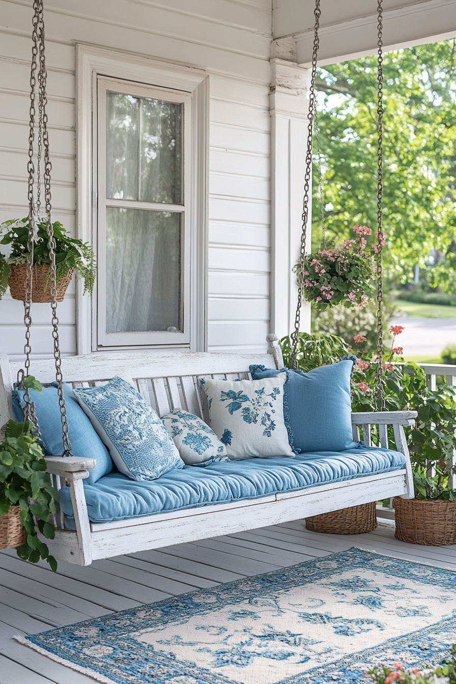 Cozy front porch swing with white cushions outdoors.