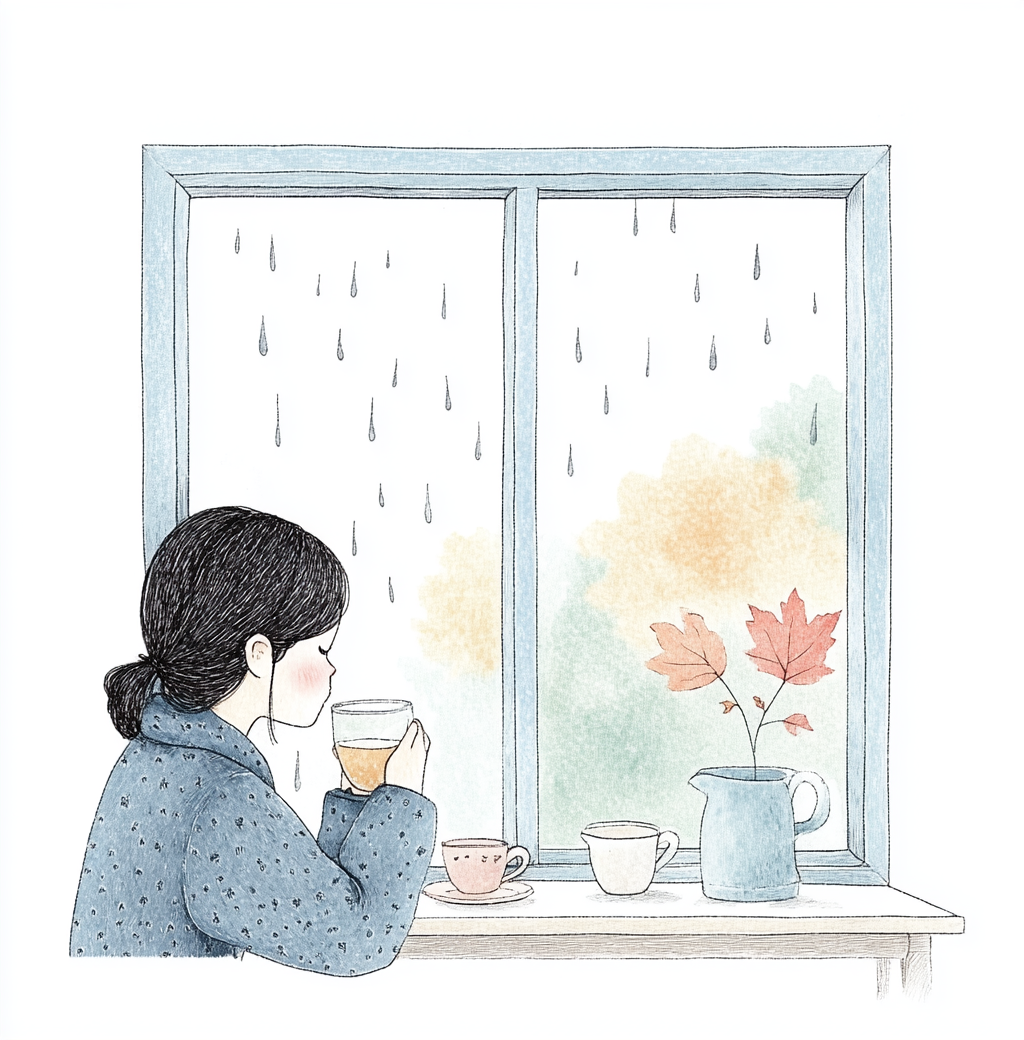 Cozy girl in pajamas drinking tea by rainy window