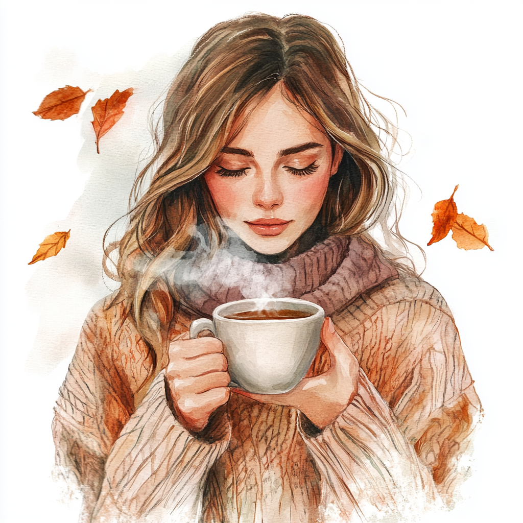 Cozy girl with coffee in fall setting painting.