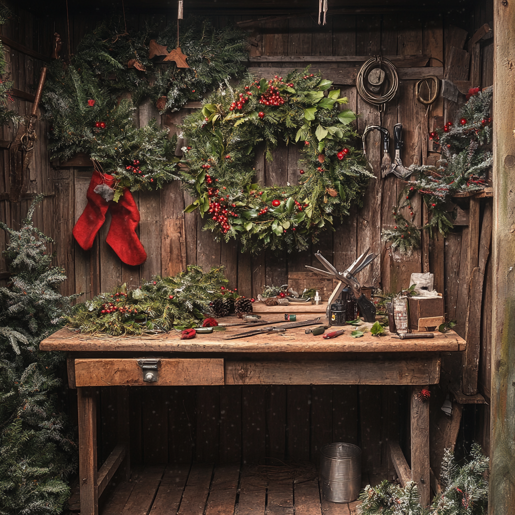 Cozy holiday wreath crafting setup with fir and holly.