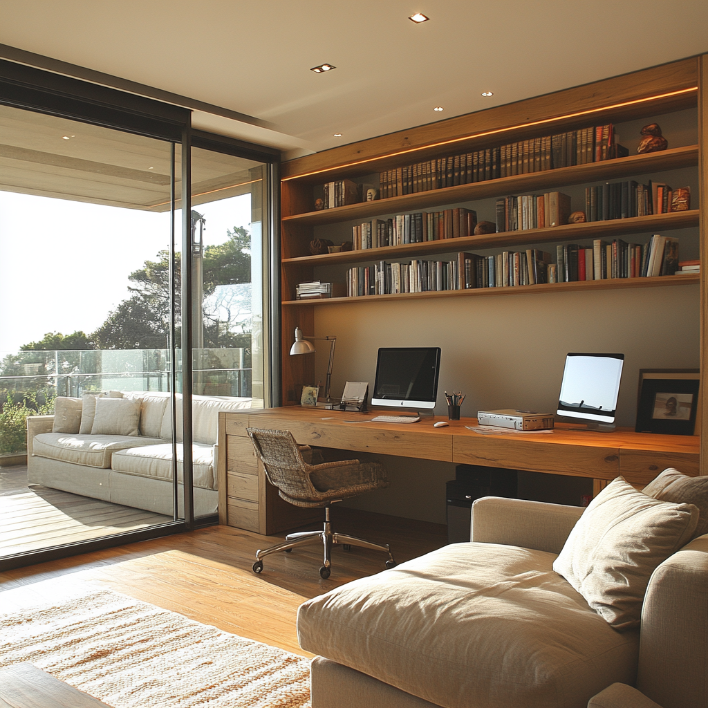 Cozy home office with large desk and sleeper couch