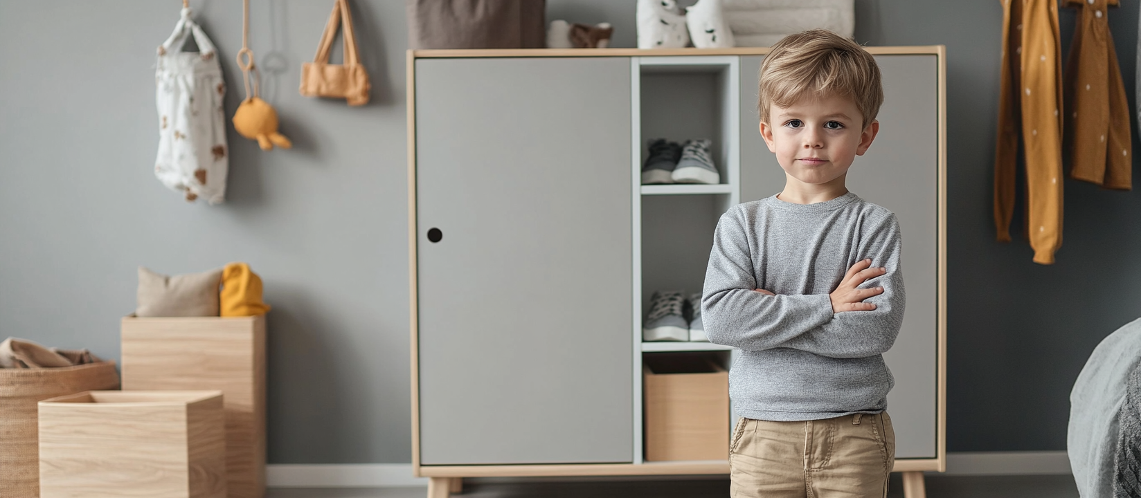 Cozy kid's fashion corner with shelves and cabinet.