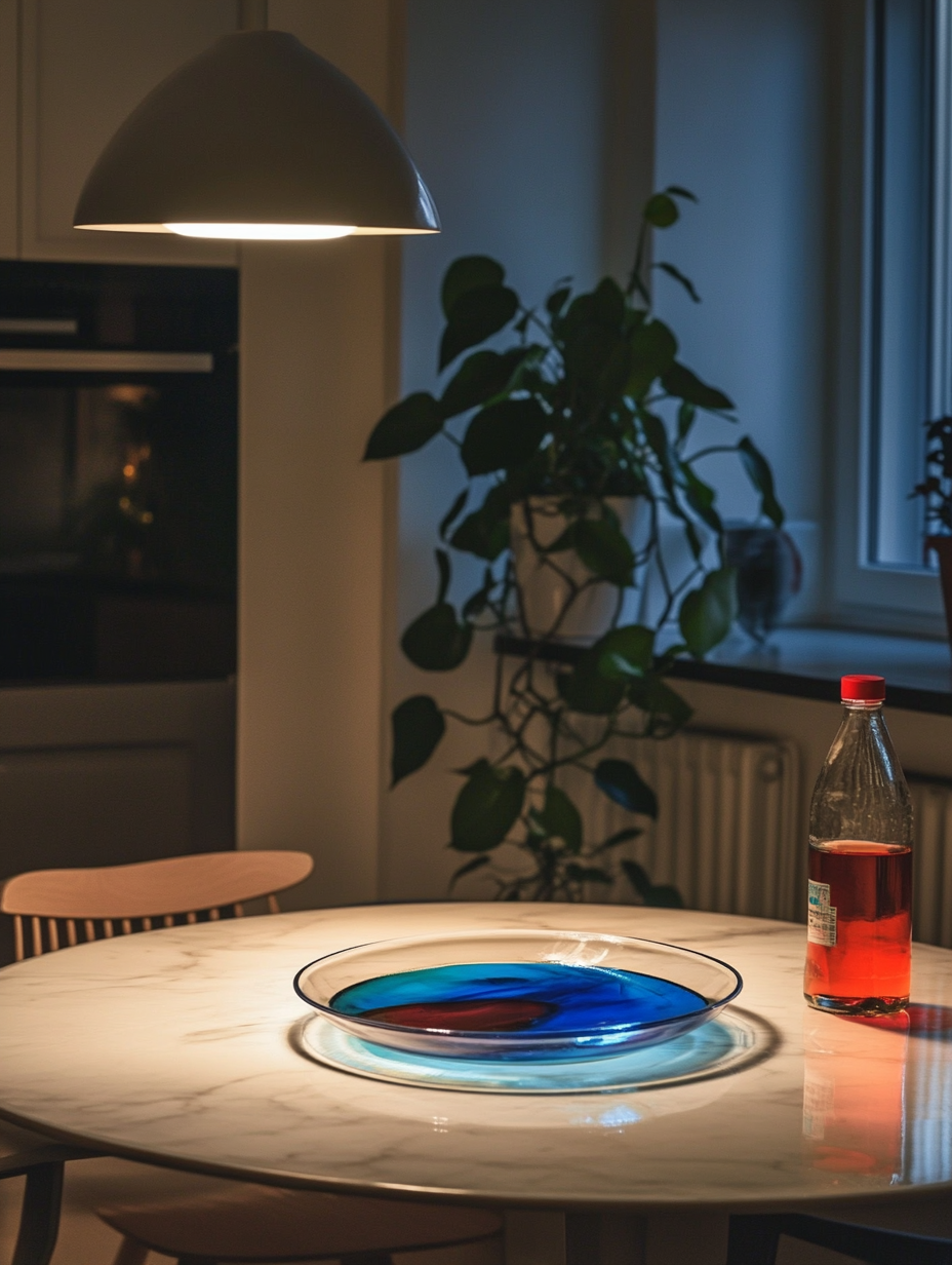 Cozy kitchen in apartment with round table at night