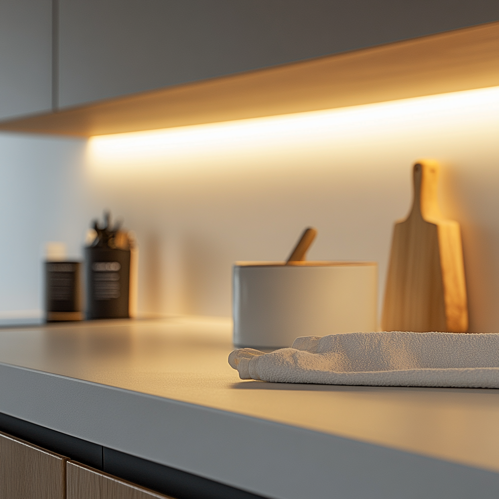 Cozy kitchen scene with white wall and wooden rack.