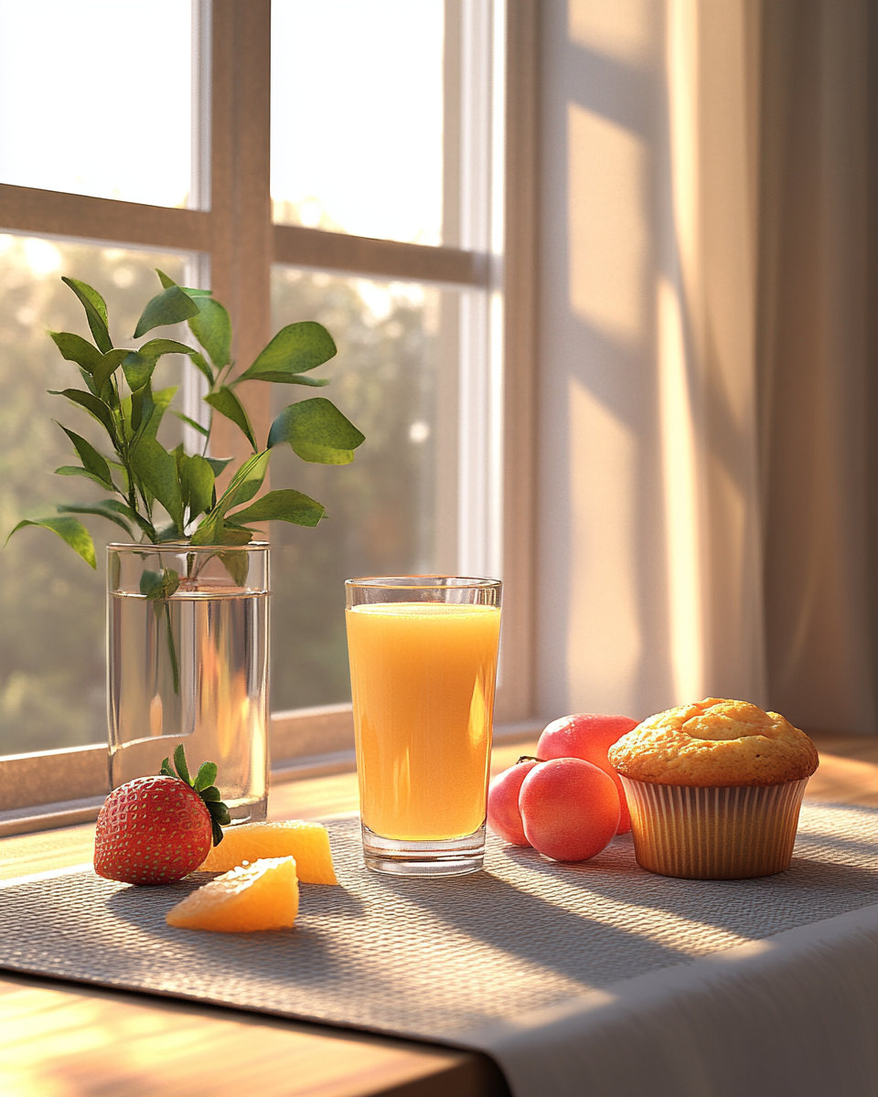 Cozy kitchen table with morning light, glass of juice.