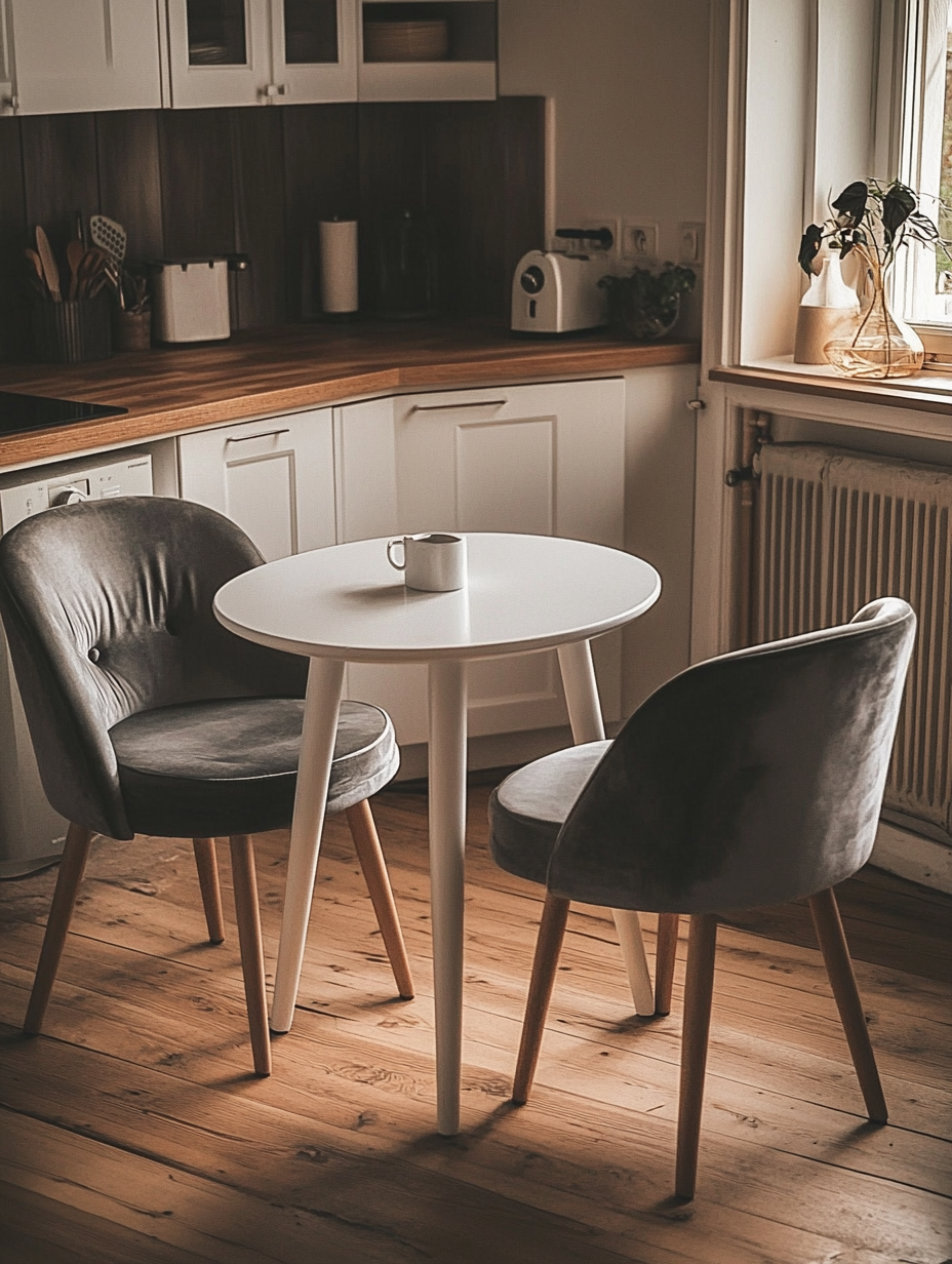 Cozy kitchen with round table and velvet chairs