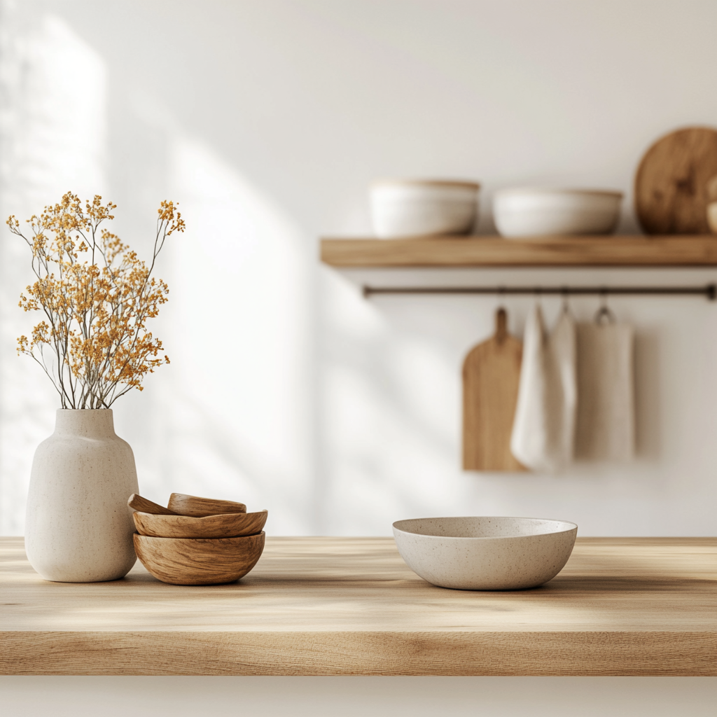 Cozy kitchen with smooth white wall, wooden shelf.