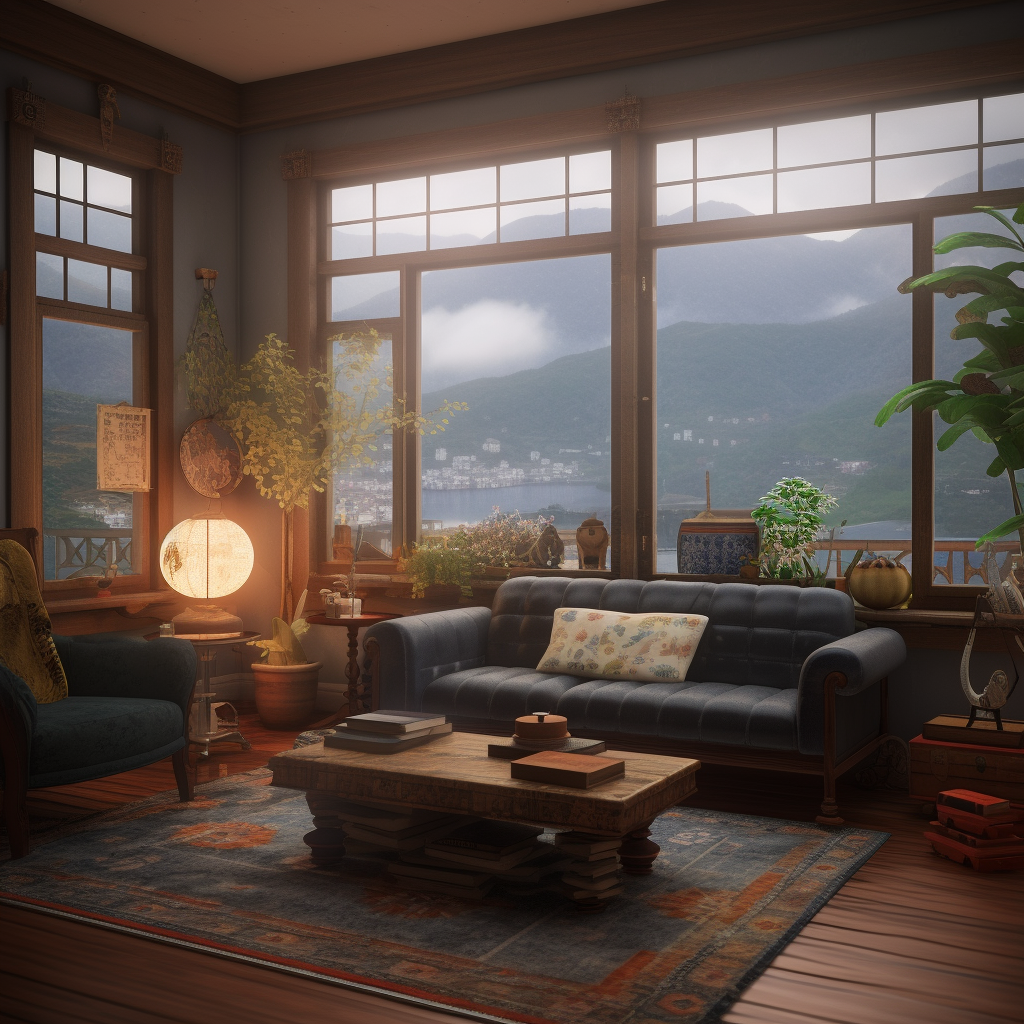 Cozy living room in rainy East Asian city scape.