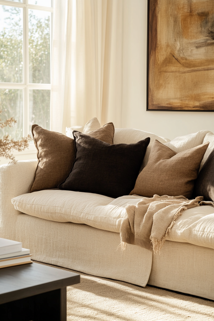 Cozy living room with beige sofa in sunlight