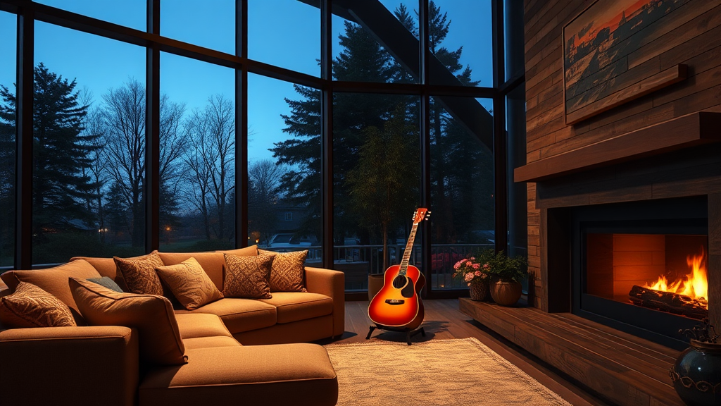 Cozy living room with fireplace, guitar, big windows.