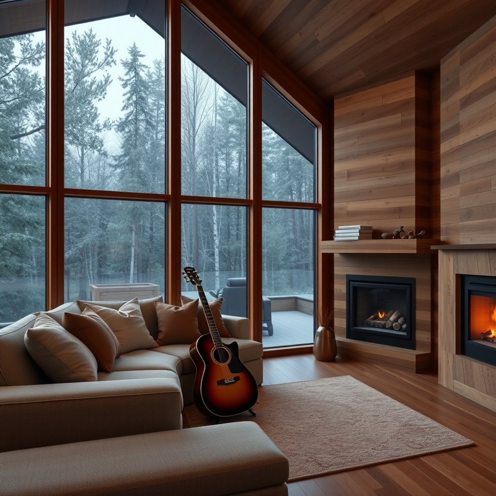 Cozy living room with fireplace, sofa, guitar at night.