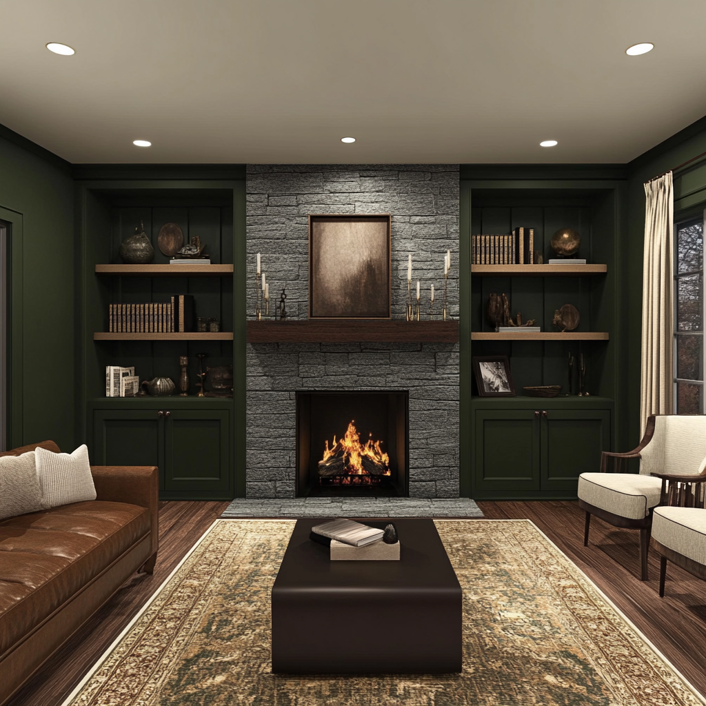 Cozy living room with fireplace, stone walls, green accents.