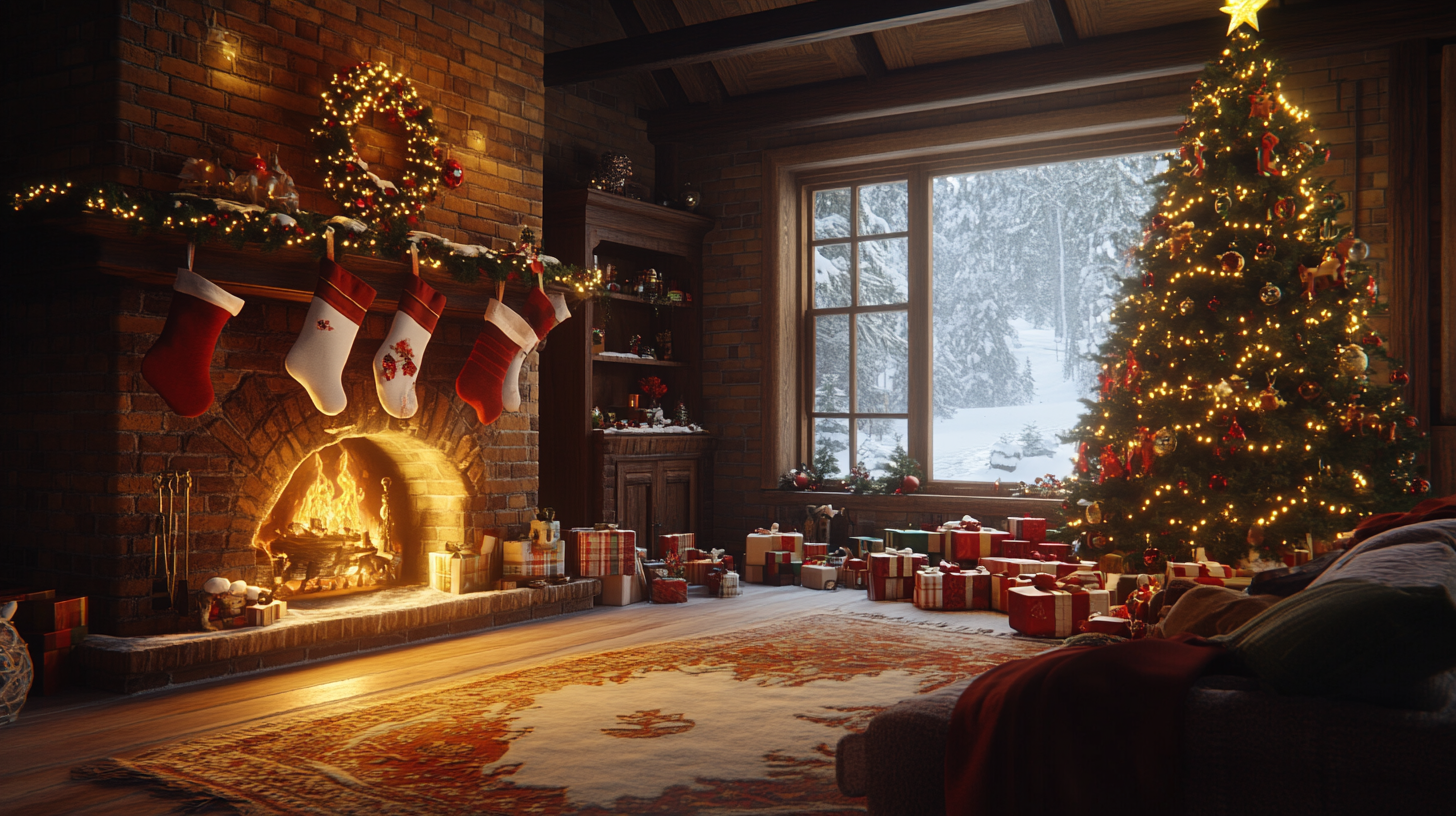 Cozy living room with lit fireplace and Christmas decorations.